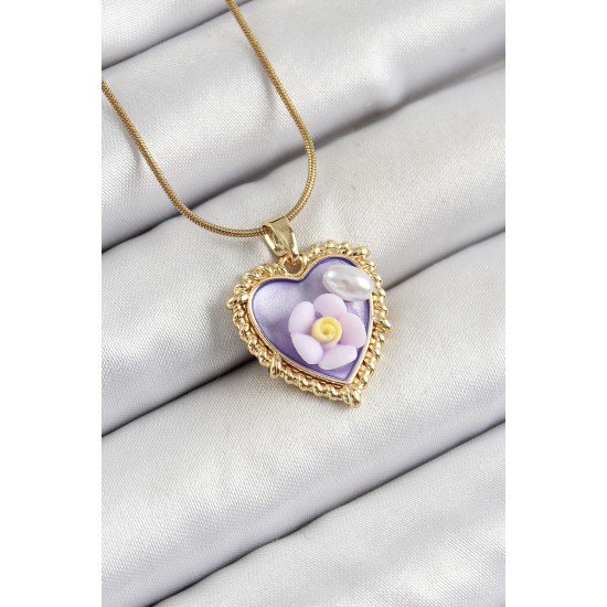 316L Çelik Zincir Mor Sanatsal Portre İnci Detaylı Papatya Figürlü Kalp Model Gold Renk Kadın Kolye 316L Çelik Zincir Mor Sanatsal Portre İnci Detaylı Papatya Figürlü Kalp Model Gold Renk Kadın Kolye