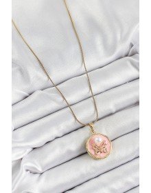 316L Çelik Zincir Zirkon Taşlı Pembe Sanatsal Portre İnci Detaylı Kelebek Model Gold Renk Kadın Kolye