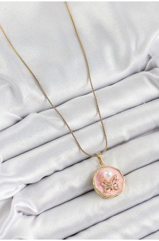 316L Çelik Zincir Zirkon Taşlı Pembe Sanatsal Portre İnci Detaylı Kelebek Model Gold Renk Kadın Kolye