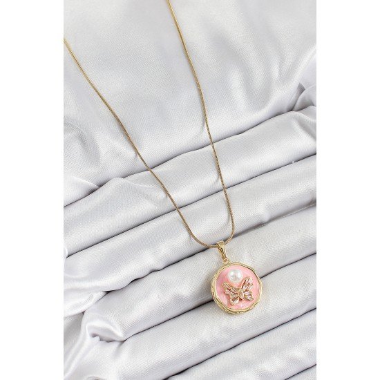 316L Çelik Zincir Zirkon Taşlı Pembe Sanatsal Portre İnci Detaylı Kelebek Model Gold Renk Kadın Kolye