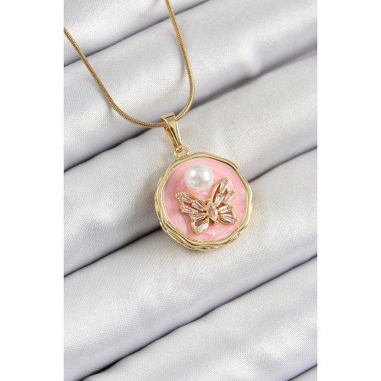 316L Çelik Zincir Zirkon Taşlı Pembe Sanatsal Portre İnci Detaylı Kelebek Model Gold Renk Kadın Kolye