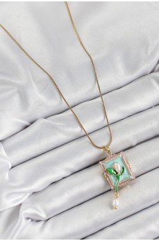 316L Çelik Zincir Turkuaz Sanatsal Portre Sallantılı İnci Detaylı Lale Model Gold Renk Kadın Kolye