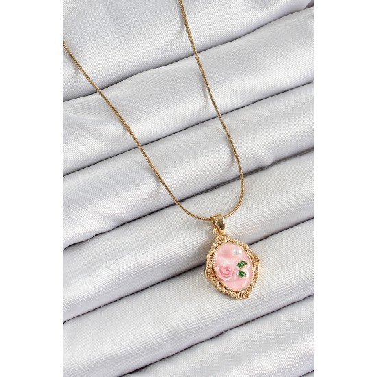 316L Çelik Zincir Pembe Sanatsal Portre İnci Detaylı Gül Figürlü Model Gold Renk Kadın Kolye