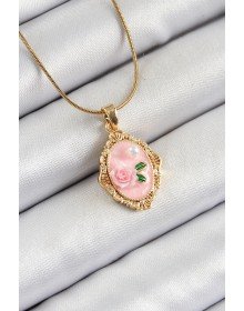 316L Çelik Zincir Pembe Sanatsal Portre İnci Detaylı Gül Figürlü Model Gold Renk Kadın Kolye