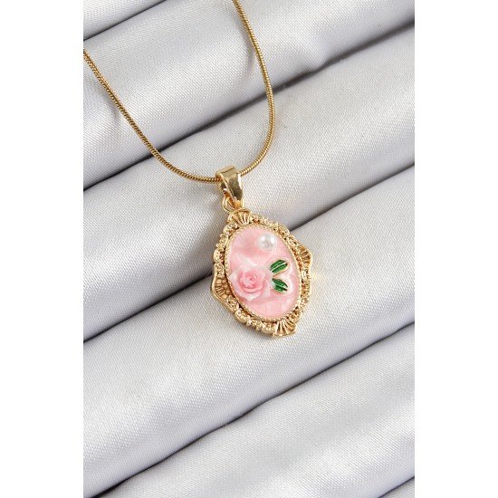 316L Çelik Zincir Pembe Sanatsal Portre İnci Detaylı Gül Figürlü Model Gold Renk Kadın Kolye