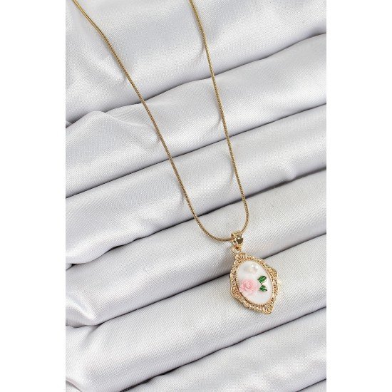 316L Çelik Zincir Beyaz Sanatsal Portre İnci Detaylı Gül Figürlü Model Gold Renk Kadın Kolye