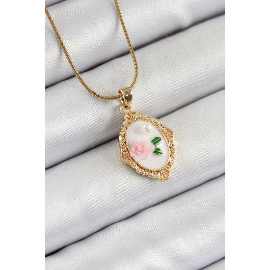 316L Çelik Zincir Beyaz Sanatsal Portre İnci Detaylı Gül Figürlü Model Gold Renk Kadın Kolye