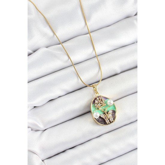 316L Çelik Zincir Zirkon Taşlı Yeşil Mor Sanatsal Portre İnci Detaylı Ağaç Ve Kelebek Figürlü Model Gold Renk Kadın Kolye