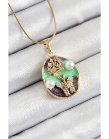 316L Çelik Zincir Zirkon Taşlı Yeşil Mor Sanatsal Portre İnci Detaylı Ağaç Ve Kelebek Figürlü Model Gold Renk Kadın Kolye