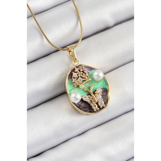 316L Çelik Zincir Zirkon Taşlı Yeşil Mor Sanatsal Portre İnci Detaylı Ağaç Ve Kelebek Figürlü Model Gold Renk Kadın Kolye