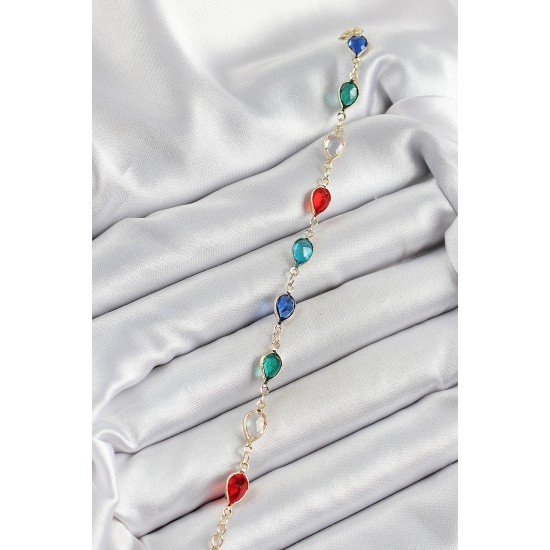 Pirinç Gold Renk Karışık Renk Damla Zirkon Taşlı Kadın Bileklik