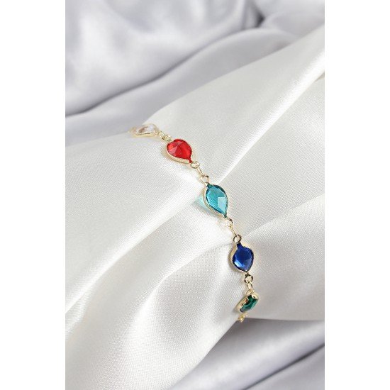 Pirinç Gold Renk Karışık Renk Damla Zirkon Taşlı Kadın Bileklik