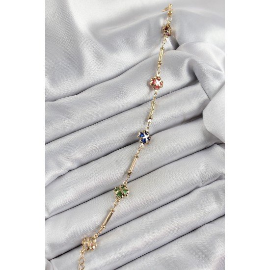 Pirinç Gold Renk Karışık Renk Yonca Zirkon Taşlı Kadın Bileklik Pirinç Gold Renk Karışık Renk Yonca Zirkon Taşlı Kadın Bileklik