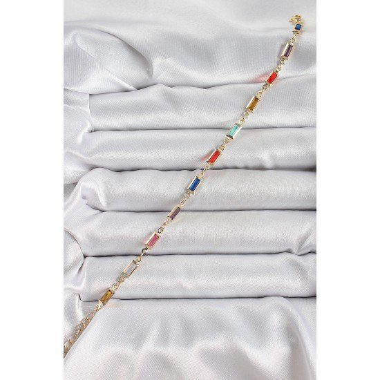 Pirinç Gold Renk Karışık Renkli Kare Zirkon Taşlı Kadın Bileklik