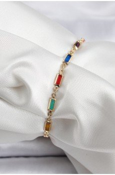 Pirinç Gold Renk Karışık Renkli Kare Zirkon Taşlı Kadın Bileklik