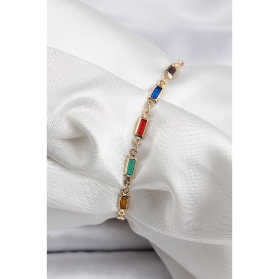 Pirinç Gold Renk Karışık Renkli Kare Zirkon Taşlı Kadın Bileklik