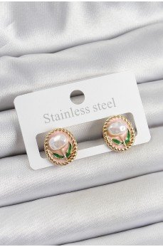 Pirinç Pembe Mineli Lale Figürlü Sanatsal Portre Model Gold Renk Kadın Küpe