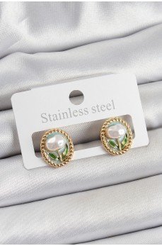 Pirinç Yeşil Mineli Lale Figürlü Sanatsal Portre Model Gold Renk Kadın Küpe