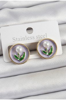 Pirinç Mor Mineli Lale Figürlü Sanatsal Portre Model Gold Renk Kadın Küpe