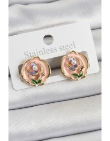 Pirinç Pembe Mineli Çiçek Figürlü Sanatsal Portre Model Gold Renk Kadın Küpe