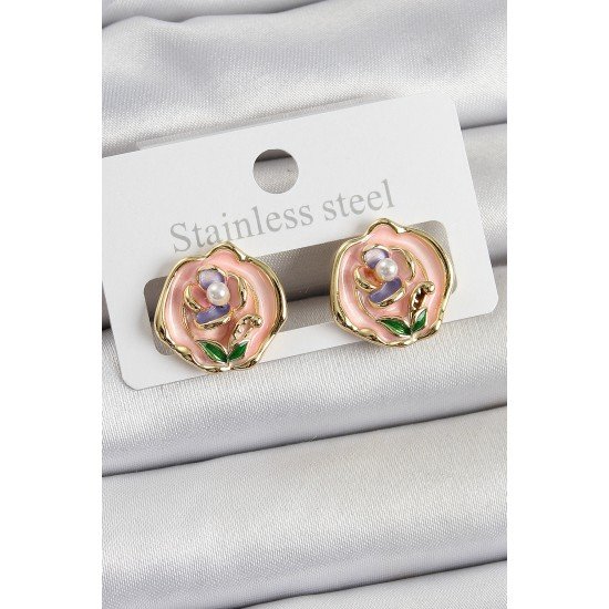 Pirinç Pembe Mineli Çiçek Figürlü Sanatsal Portre Model Gold Renk Kadın Küpe