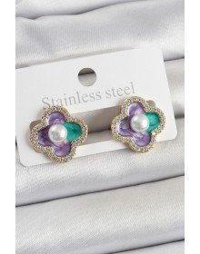 Pirinç Mor Mineli İnci Detaylı Zirkon Taşlı Sanatsal Portre Yonca Model Gold Renk Kadın Küpe