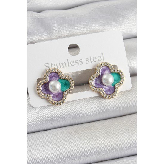 Pirinç Mor Mineli İnci Detaylı Zirkon Taşlı Sanatsal Portre Yonca Model Gold Renk Kadın Küpe Pirinç Mor Mineli İnci Detaylı Zirkon Taşlı Sanatsal Portre Yonca Model Gold Renk Kadın Küpe