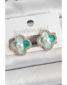 Pirinç Yeşil Mineli İnci Detaylı Zirkon Taşlı Sanatsal Portre Yonca Model Gold Renk Kadın Küpe