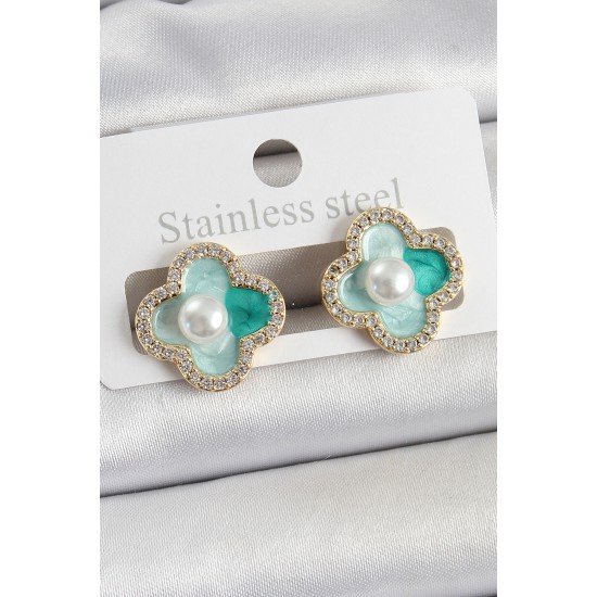 Pirinç Yeşil Mineli İnci Detaylı Zirkon Taşlı Sanatsal Portre Yonca Model Gold Renk Kadın Küpe