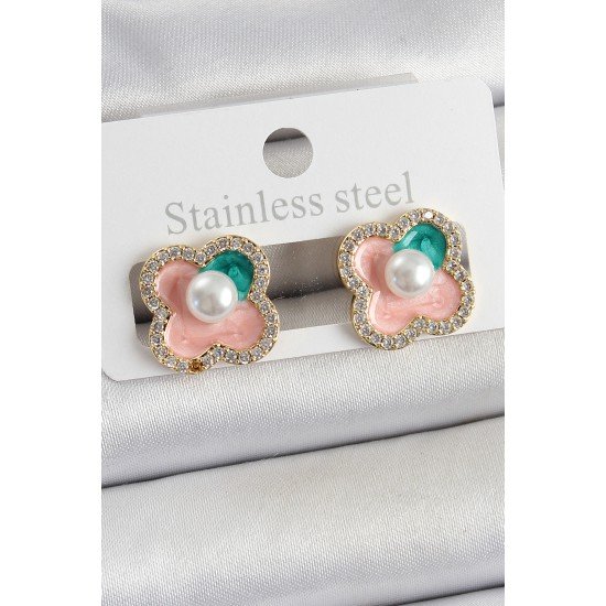 Pirinç Pembe Mineli İnci Detaylı Zirkon Taşlı Sanatsal Portre Yonca Model Gold Renk Kadın Küpe