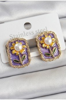 Pirinç Mor Mineli Papatya Figürlü Sanatsal Portre Model Gold Renk Kadın Küpe