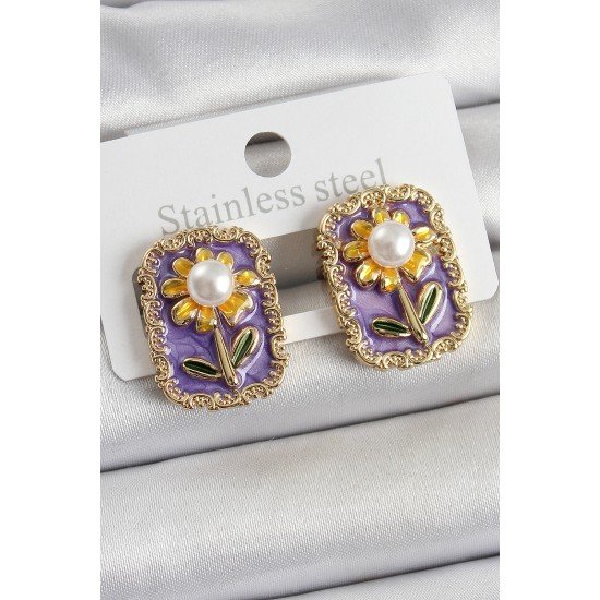 Pirinç Mor Mineli Papatya Figürlü Sanatsal Portre Model Gold Renk Kadın Küpe