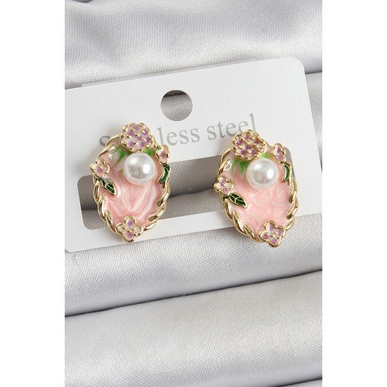 Pirinç Pembe Mineli İnci Detaylı Sanatsal Portre Model Gold Renk Kadın Küpe