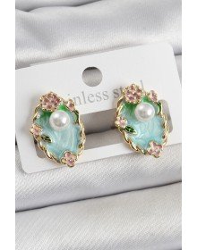 Pirinç Yeşil Mineli İnci Detaylı Sanatsal Portre Model Gold Renk Kadın Küpe