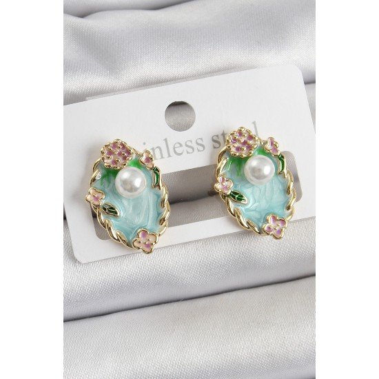 Pirinç Yeşil Mineli İnci Detaylı Sanatsal Portre Model Gold Renk Kadın Küpe