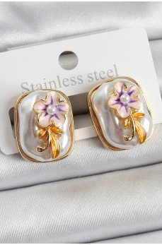 Pirinç Beyaz Mineli İnci Detaylı Çiçek Figürlü Sanatsal Portre Model Gold Renk Kadın Küpe