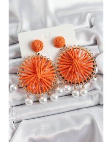 Turuncu Hasır Örgü Sarmal Model Sallantılı İnci Detaylı Gold Renk Kadın Küpe