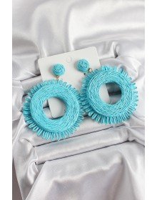 Mavi Püsküllü Halka Figürlü Hasır Örgü Model Gold Renk Kadın Küpe