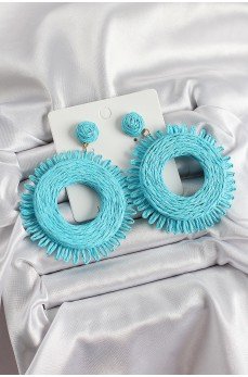 Mavi Püsküllü Halka Figürlü Hasır Örgü Model Gold Renk Kadın Küpe