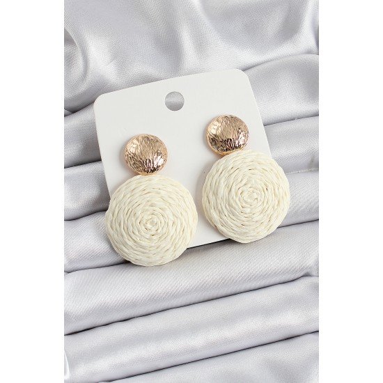 Krem Daire Figürlü Hasır Örgü Model Gold Renk Kadın Küpe