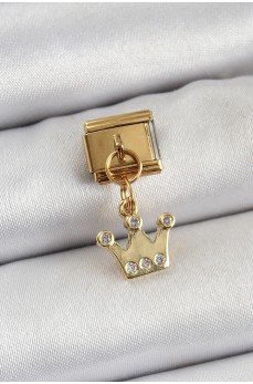 316L Çelik Sallantılı Zirkon Taşlı Kraliçe Tacı Model Gold Renk Nomination Charm
