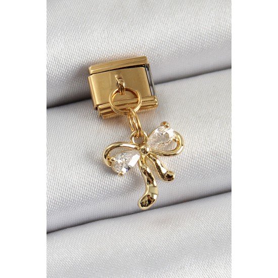 316L Çelik Sallantılı Zirkon Taşlı Fiyonk Model Gold Renk Nomination Charm