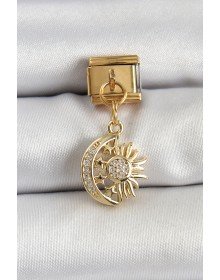 316L Çelik Sallantılı Zirkon Taşlı Ay Ve Güneş Model Gold Renk Nomination Charm