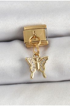 316L Çelik Sallantılı Zirkon Taşlı Kelebek Model Gold Renk Nomination Charm