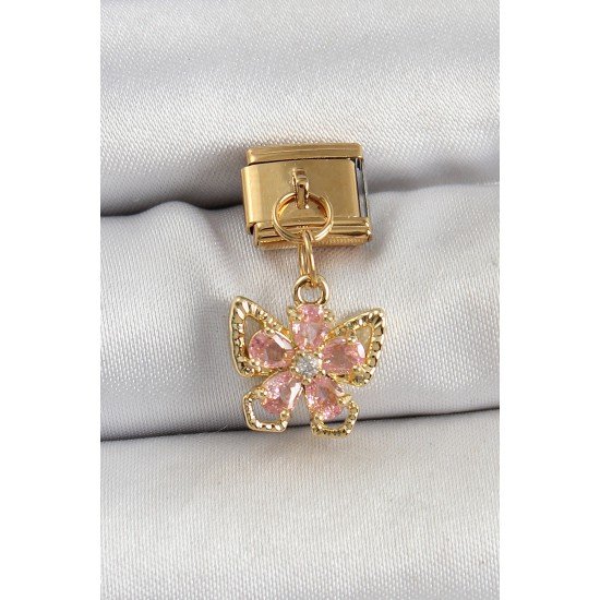316L Çelik Sallantılı Zirkon Taşlı Çiçek Figürlü Kelebek Model Gold Renk Nomination Charm
