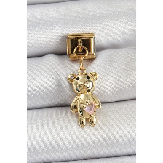 316L Çelik Sallantılı Zirkon Taşlı Ayıcık Model Gold Renk Nomination Charm
