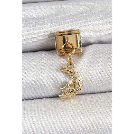 316L Çelik Sallantılı Zirkon Taşlı Ay Model Gold Renk Nomination Charm