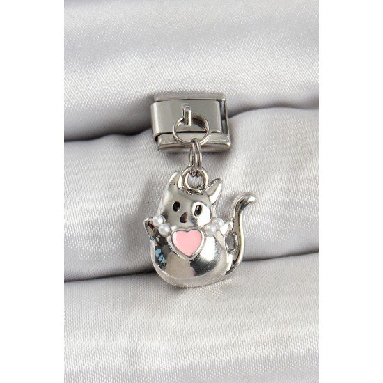 316L Çelik Sallantılı Kalp Detaylı Kedi Model Gümüş Renk Nomination Charm 316L Çelik Sallantılı Kalp Detaylı Kedi Model Gümüş Renk Nomination Charm