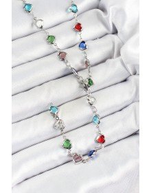 Pirinç Gümüş Renk Karışık Renk Zirkon Taşlı Kalpli Y Kadın Kolye