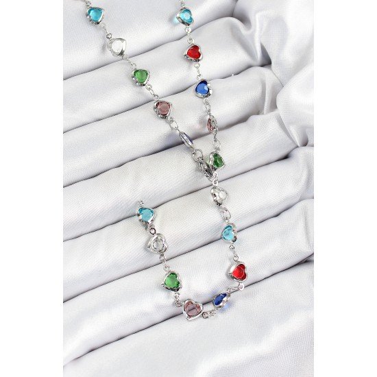 Pirinç Gümüş Renk Karışık Renk Zirkon Taşlı Kalpli Y Kadın Kolye